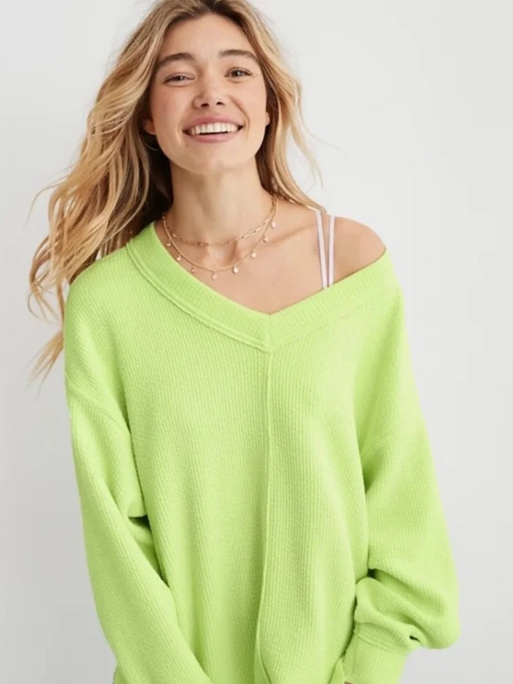 Aerie Wonder Oversized Sweatshirt in Bright Lime Green Comfy Casual Size XS